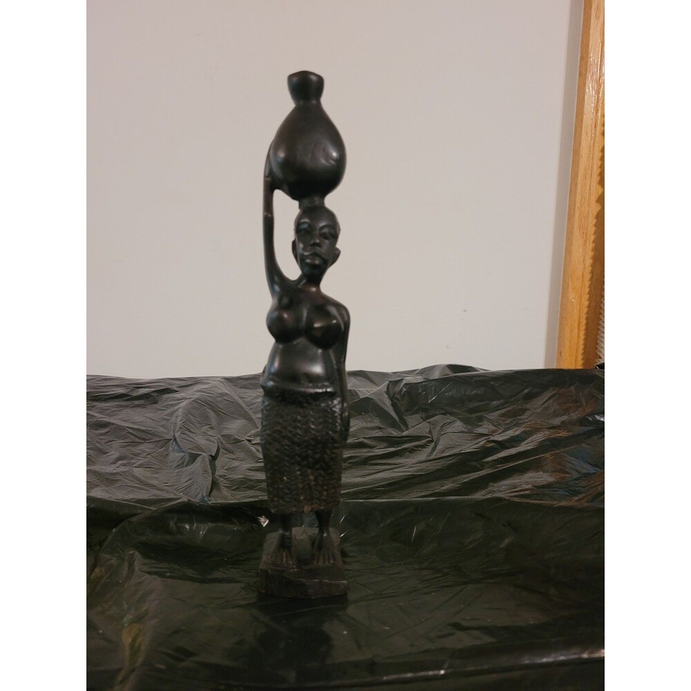 Hand-Carved Wood Sculpture AFRICAN TRIBAL WOMAN Carrying Pot 9" Tall